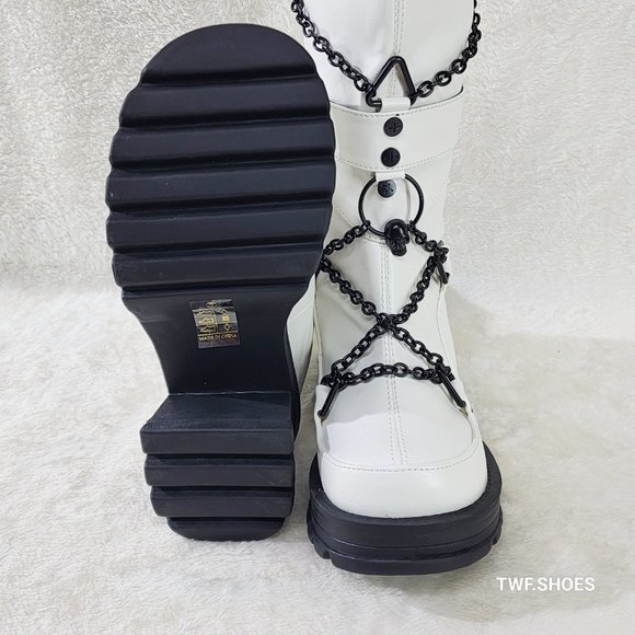 Bratty White Vegan Leather Block Heel Biker Style Goth  Punk Boots - Picture 9 of 10